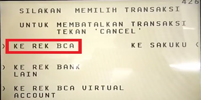 Beberapa pilihan transaksi pun ditampilkan, tekan Transfer lalu Ke Rek BCA